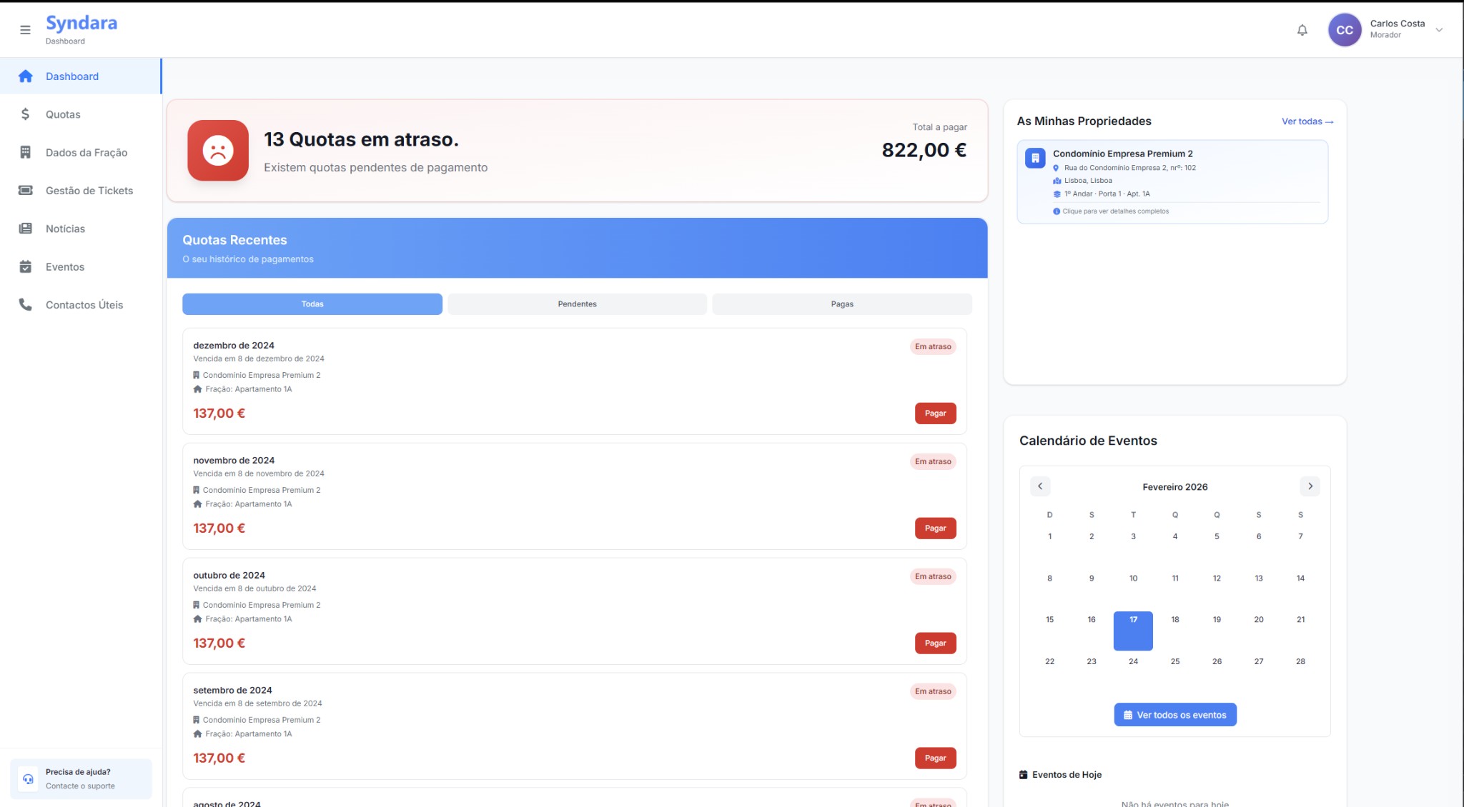 Dashboard Morador Web - quotas, propriedades e calendário